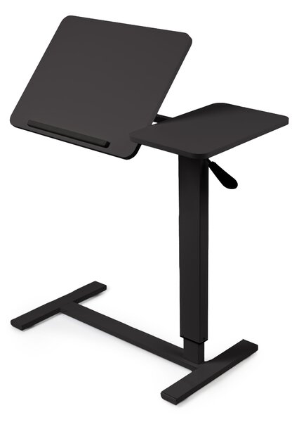 Masa reglabila pe inaltime cu lift pneumatic, blat 80x40 cm in 2 parti (inclinabil + rabatabil pentru depozitare), cu roti, 66–90 cm, baza tip „c” pentru pat/canapea, onuvio® - negru
