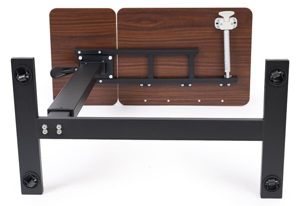 Masa reglabila pe inaltime cu lift pneumatic, blat 80x40 cm in 2 parti (inclinabil + rabatabil pentru depozitare), cu roti, 66–90 cm, baza tip „c” pentru pat/canapea, onuvio® - maro