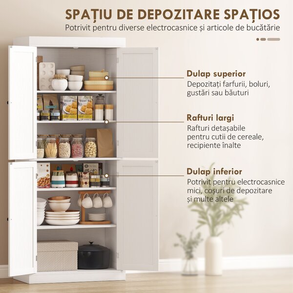 HOMCOM Dulap Înalt de Bucătărie cu 6 Rafturi și 2 Uși, Dulap cu Rafturi Reglabile din Lemn, 76x40,5x184 cm, Alb | Aosom Romania