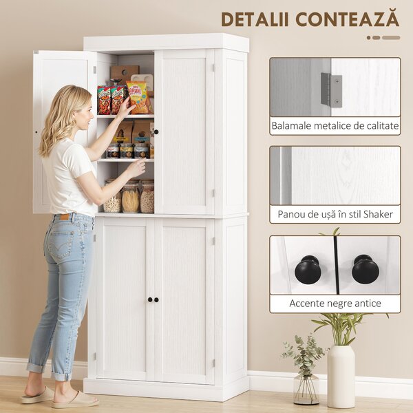 HOMCOM Dulap Înalt de Bucătărie cu 6 Rafturi și 2 Uși, Dulap cu Rafturi Reglabile din Lemn, 76x40,5x184 cm, Alb | Aosom Romania