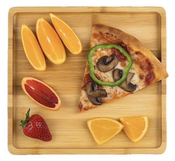 Platou Pufo din lemn de bambus pentru servire alimente, aperitive, dulciuri, pizza, 32 cm, maro