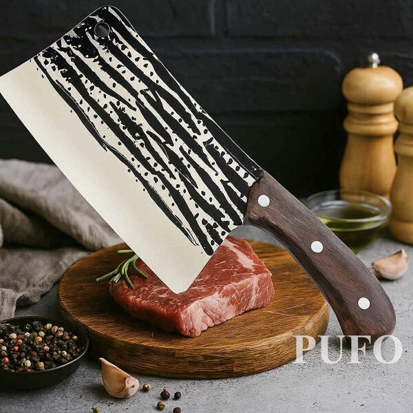 Satar macelarie Pufo Viking din otel gros si maner din lemn, 28 cm