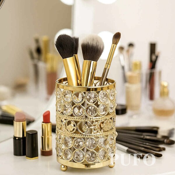 Organizator suport elegant Pufo Fame pentru pensule de machiaj, rujuri, bijuterii, metalic, 12 cm, auriu