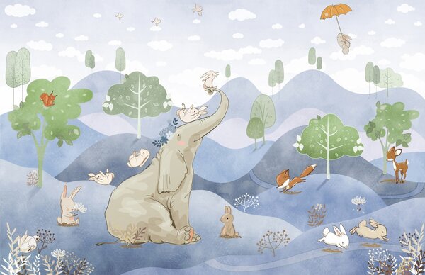 Tapet Elefant și prieteni într-o pădure, Fototapet Animale, u98695v1 : Uwalls.ro