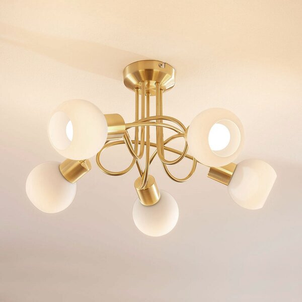 Lindby plafonieră Elaina, Ø50cm, 5 becuri, alamă, sticlă, E14, reglabil, Auriu / Alamă, Camera de zi / sufragerie, Sticlă, Modern