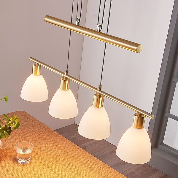 Lindby Lampă suspendată Simeon, culoarea alamei, sticlă, 73 cm, E14, reglabil, Auriu / Alamă, Camera de zi / sufragerie, Sticlă, Modern