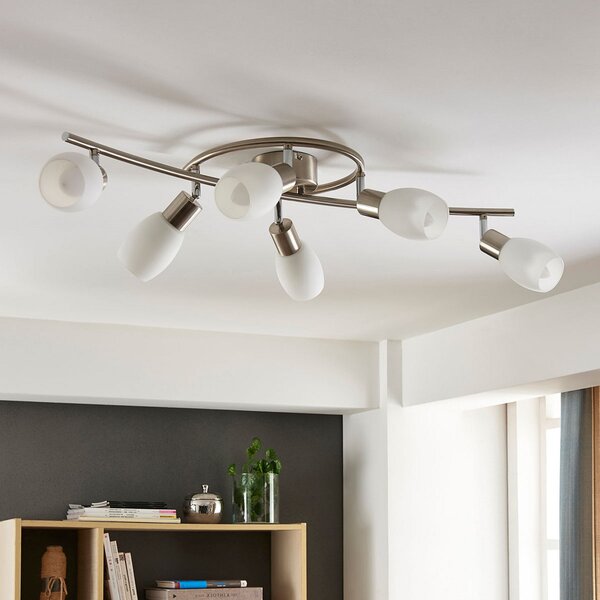Lindby Spot Arda, 75 cm, 6 becuri, nichel, sticlă, E14, reglabil, Metalic, Camera de zi / sufragerie, Sticlă, Modern