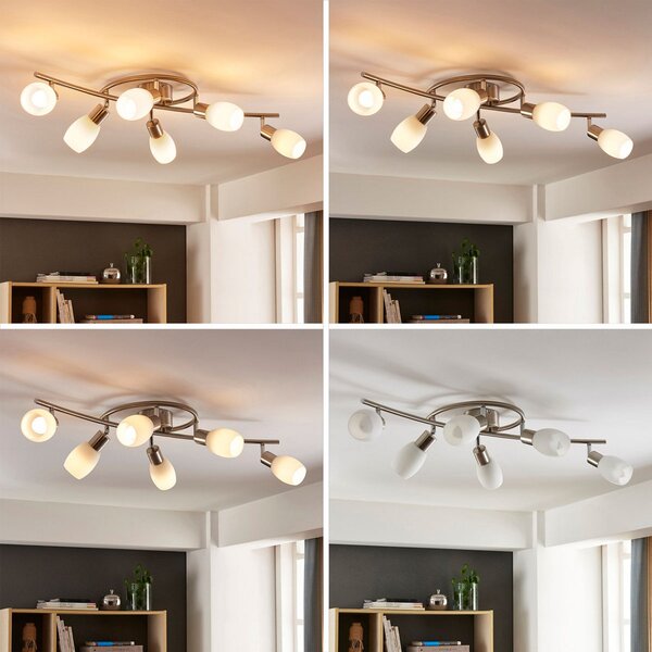 Lindby Spot Arda, 75 cm, 6 becuri, nichel, sticlă, E14, reglabil, Metalic, Camera de zi / sufragerie, Sticlă, Modern