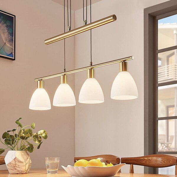 Lindby Lampă suspendată Simeon, culoarea alamei, sticlă, 73 cm, E14, reglabil, Auriu / Alamă, Camera de zi / sufragerie, Sticlă, Modern
