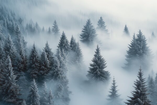 Tapet Ceață groasă învăluind o pădure înzăpezită de dimineață în nuanțe de albastru, Fototapet Natură, w02064 : Uwalls.ro