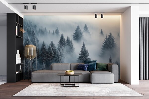 Tapet Ceață groasă învăluind o pădure înzăpezită de dimineață în nuanțe de albastru, Fototapet Natură, w02064 : Uwalls.ro