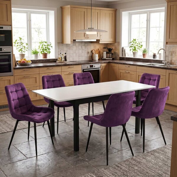 Set masă extensibilă Mara Alb 170x75 cm cu 6 scaune Onix Mov