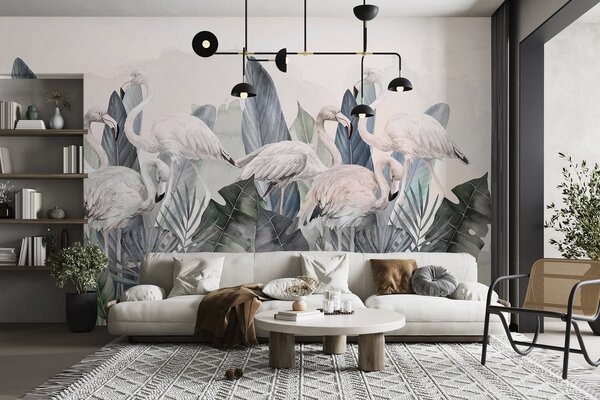 Tapet Flamingo elegante printre frunzișuri luxuriante, Fototapet Natură, w00505v2 : Uwalls.ro