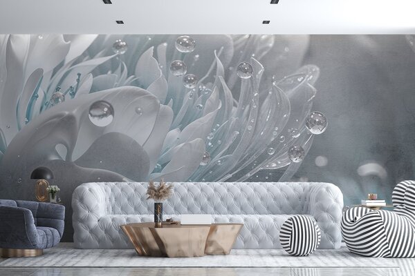 Tapet Un prim-plan al unei flori de bujor albastru cu picături de apă pe petalele sale delicate, creând o, Fototapet Flori, w08402v1 : Uwalls.ro