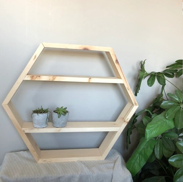 Raft de perete din lemn, in forma hexagonala, Hexwood, 55x50x9.4 cm, natur
