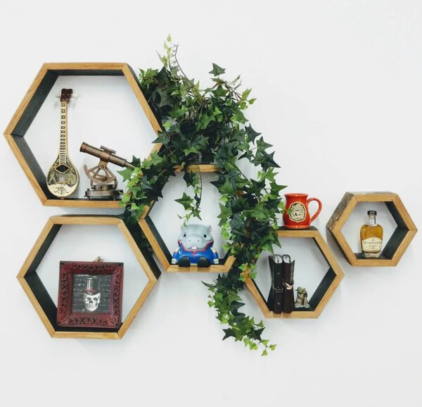 Set 5 rafturi hexagonale din lemn cu prindere ascunsa, Austin, nuc