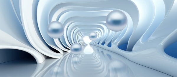 Tapet Tapet futurist cu o panoramă a tunelului în perspectivă și perle zburătoare, Fototapet 3D, Fotomurale 3D Forme geometrice, w02134 : Uwalls.ro