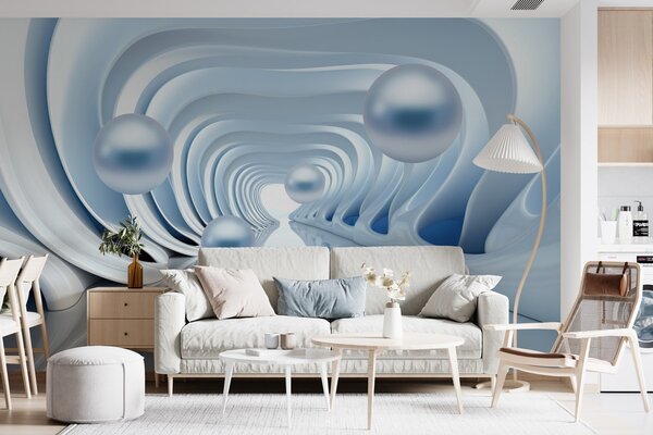 Tapet Tapet futurist cu o panoramă a tunelului în perspectivă și perle zburătoare, Fototapet 3D, Fotomurale 3D Forme geometrice, w02134 : Uwalls.ro