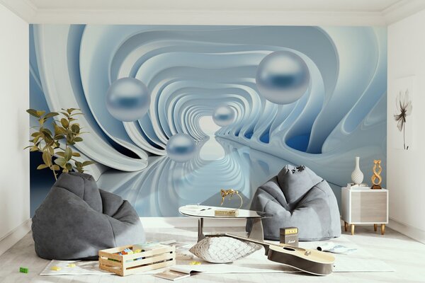 Tapet Tapet futurist cu o panoramă a tunelului în perspectivă și perle zburătoare, Fototapet 3D, Fotomurale 3D Forme geometrice, w02134 : Uwalls.ro
