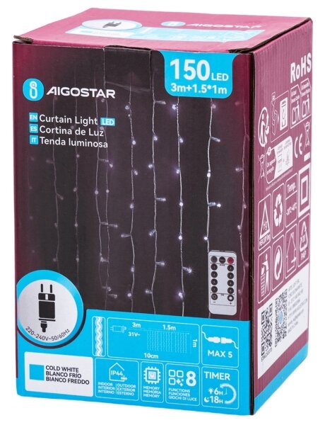 Aigostar - Ghirlandă LED de Crăciun pentru exterior 150xLED/6W/230V/8 funcții 1,5x1m IP44 alb rece + telecomandă