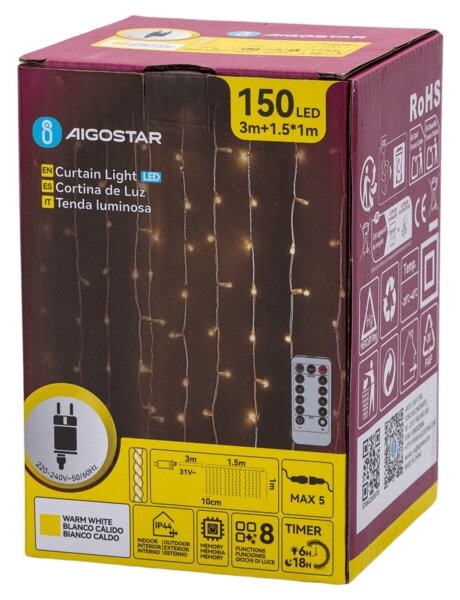 Aigostar - Ghirlandă LED de Crăciun pentru exterior 150xLED/6W/230V/8 funcții 1,5x1m IP44 alb cald + telecomandă
