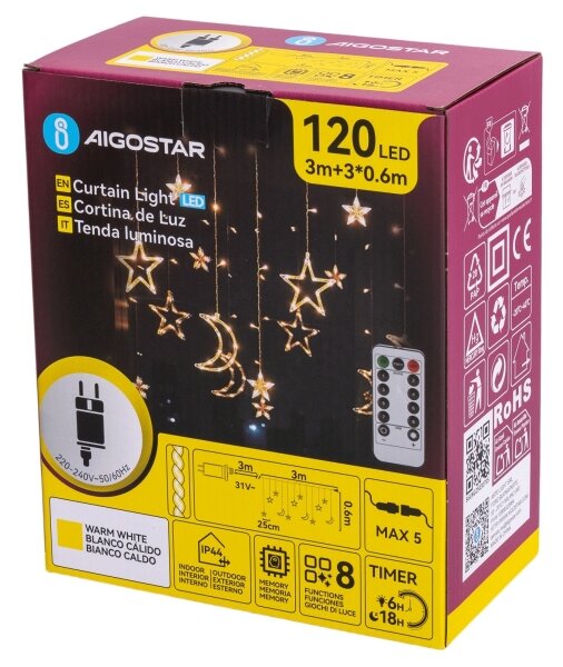 Aigostar - Ghirlandă LED de exterior pentru Crăciun, 120 LED, 6 W, 230 V, 8 moduri, 3 x 0,6 m, IP44, alb cald DO