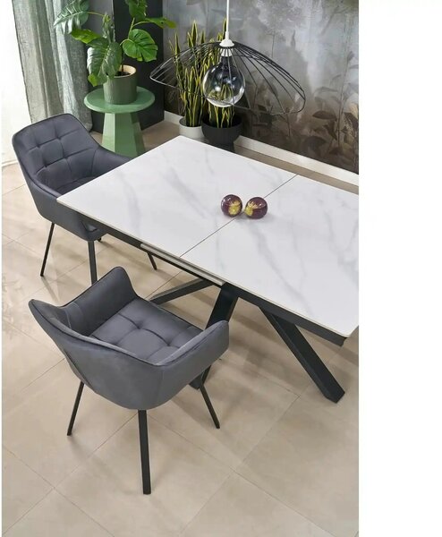 Masa extensibila PLATAN, alb cu efect de marmura/negru, piatra sinteri