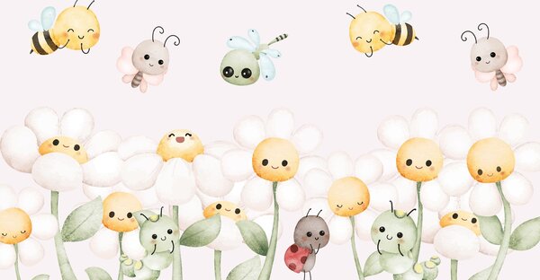 Fototapet Grup de insecte de desene animate și flori, Populare fototapet, Populare fototapet, w02284 - Muralas.ro