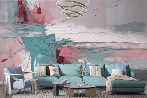 Tapet Compoziție minimalistă de artă abstractă cu tușe îndrăznețe de vopsea roz, albastră și albă , Fototapet Acuarelă, w08414v1 : Uwalls.ro
