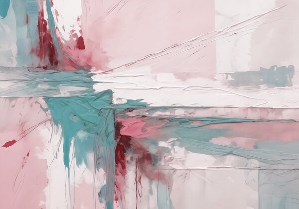 Tapet Compoziție minimalistă de artă abstractă cu tușe îndrăznețe de vopsea roz, albastră și albă , Fototapet Acuarelă, w08414v1 : Uwalls.ro