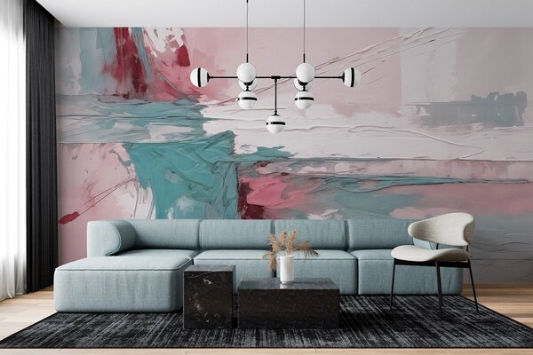 Tapet Compoziție minimalistă de artă abstractă cu tușe îndrăznețe de vopsea roz, albastră și albă , Fototapet Acuarelă, w08414v1 : Uwalls.ro