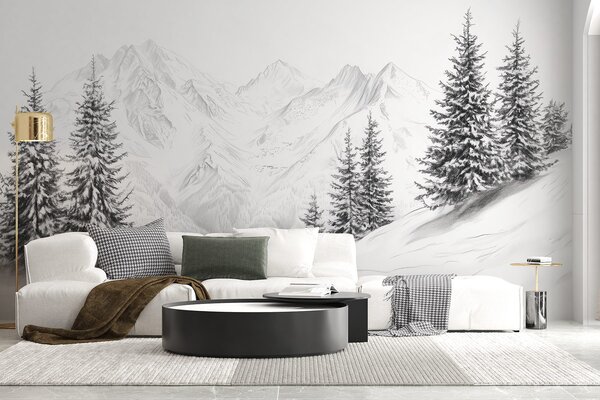 Tapet Munți înzăpeziți, desen în stil creion, minimalism, pădure, natură, Fototapet Natură, w02351 : Uwalls.ro