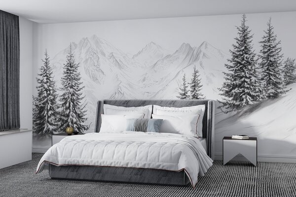 Tapet Munți înzăpeziți, desen în stil creion, minimalism, pădure, natură, Fototapet Natură, w02351 : Uwalls.ro