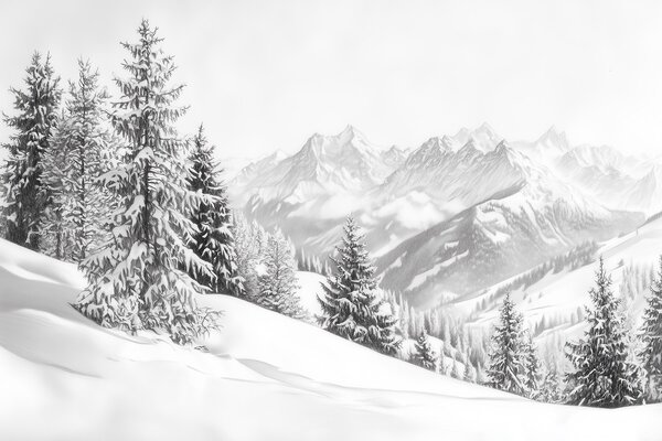 Tapet Iarna în munți, pădure, Alpi, desen în stil creion, peisaje naturale, Fototapet Natură, w02353 : Uwalls.ro