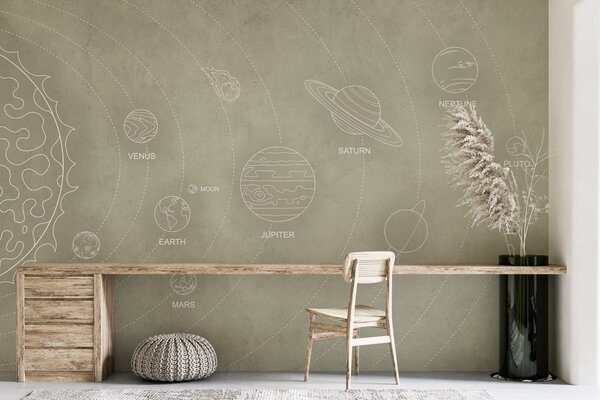 Tapet Sistem solar într-un stil minimalist pe un fundal texturat bej rece, Fototapet Spaţiu, w02344 : Uwalls.ro