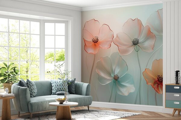 Tapet flori de mac imitație de sticlă în culori delicate, Fototapet Acuarelă, w02519 : Uwalls.ro