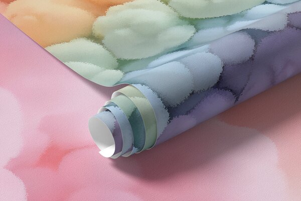 Tapet Curcubeu pufos pe nori, pictat, Fototapet Pentru Copii, Rainbow pentru copiilor, w02615 : Uwalls.ro