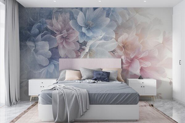 Tapet Aranjament floral textural moale, în culori pastelate, cu flori mari, delicate, în, Fototapet pădure, Fototapet copaci, w08535 : Uwalls.ro