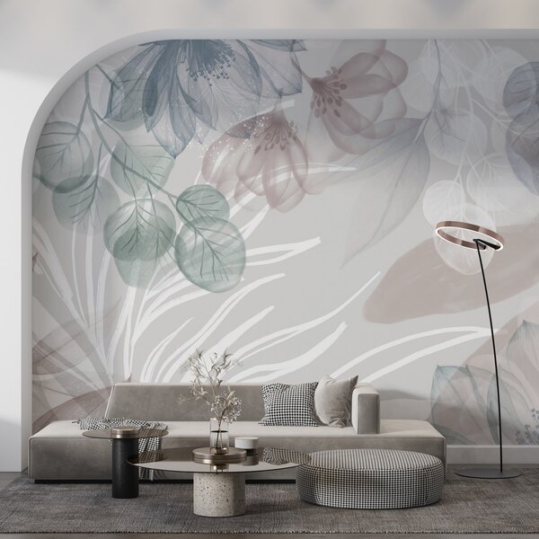Tapet Imprimeu floral în culori pastelate cu flori și frunze abstracte mari transparente în nuanțe de gri, roz, Fototapet Flori, w08600 : Uwalls.ro