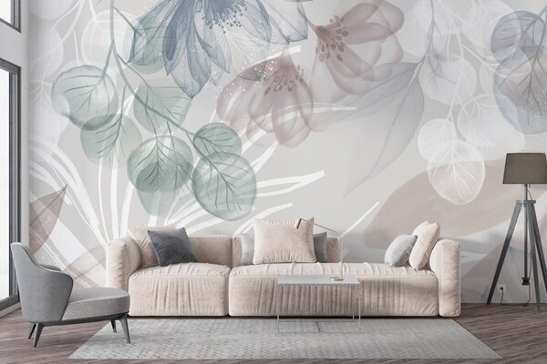 Tapet Imprimeu floral în culori pastelate cu flori și frunze abstracte mari transparente în nuanțe de gri, roz, Fototapet Flori, w08600 : Uwalls.ro