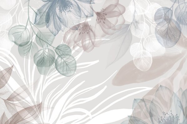 Tapet Imprimeu floral în culori pastelate cu flori și frunze abstracte mari transparente în nuanțe de gri, roz, Fototapet Flori, w08600 : Uwalls.ro