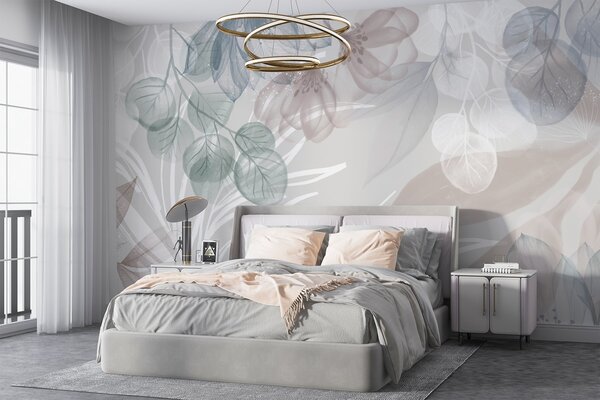 Tapet Imprimeu floral în culori pastelate cu flori și frunze abstracte mari transparente în nuanțe de gri, roz, Fototapet Flori, w08600 : Uwalls.ro