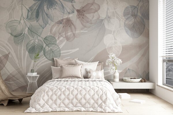 Tapet Imprimeu floral în culori pastelate cu flori și frunze abstracte mari transparente în nuanțe de gri, roz, Fototapet Flori, w08600 : Uwalls.ro