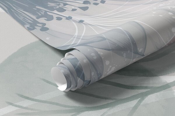 Tapet Imprimeu floral în culori pastelate cu flori și frunze abstracte mari transparente în nuanțe de gri, roz, Fototapet Flori, w08600 : Uwalls.ro