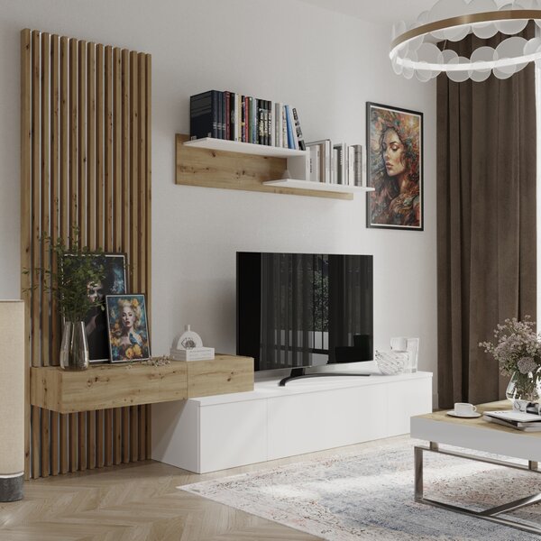 KONDELA Ansamblu living, alb / stejar Artisan, REBEKA PLUS