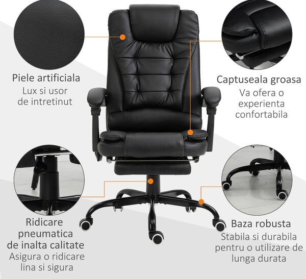 Fotoliu de birou cu masaj cu 7 puncte de vibrație, ergonomic cu suport pentru picioare și spătar înclinat la 155°, negru Vinsetto | Aosom Romania