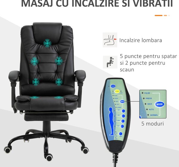 Fotoliu de birou cu masaj cu 7 puncte de vibrație, ergonomic cu suport pentru picioare și spătar înclinat la 155°, negru Vinsetto | Aosom Romania