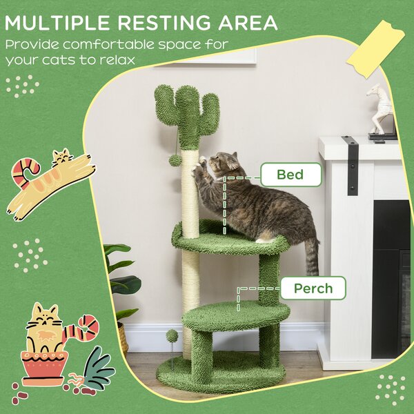 PawHut Copac Pisici Cactus 111cm, Stâlpi Zgârieturi, Pat, Mingi, Verde | Aosom Romania