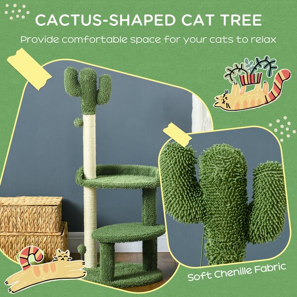 PawHut Copac Pisici Cactus 111cm, Stâlpi Zgârieturi, Pat, Mingi, Verde | Aosom Romania