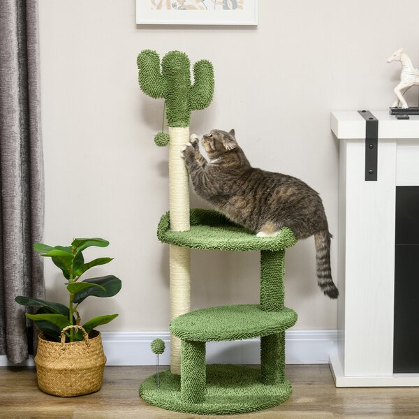 PawHut Copac Pisici Cactus 111cm, Stâlpi Zgârieturi, Pat, Mingi, Verde | Aosom Romania